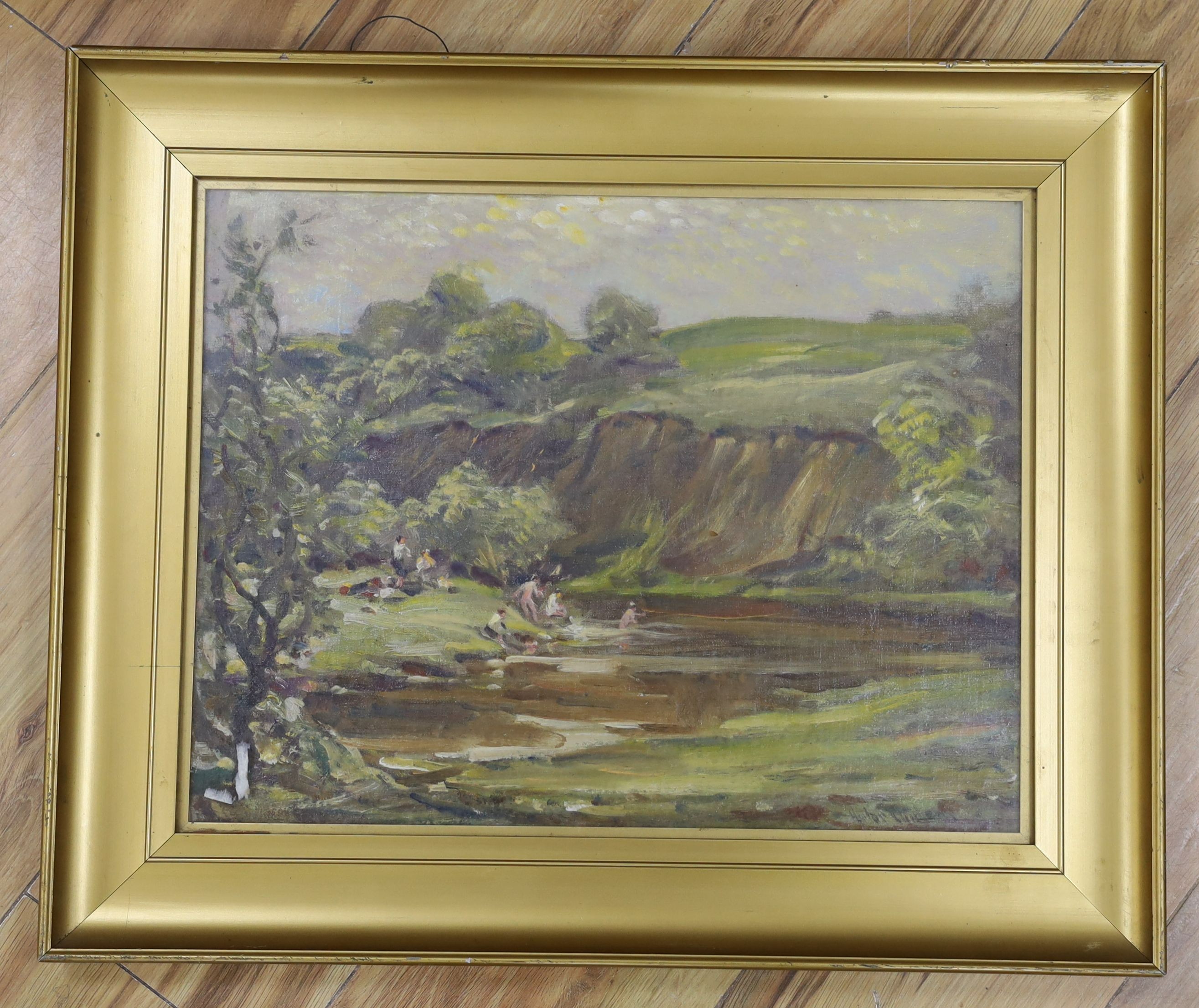 Hector Chalmers (1849-1943), oil on board, 'The Bathing Pool 1937', signed, with label verso, 32 x 42cm